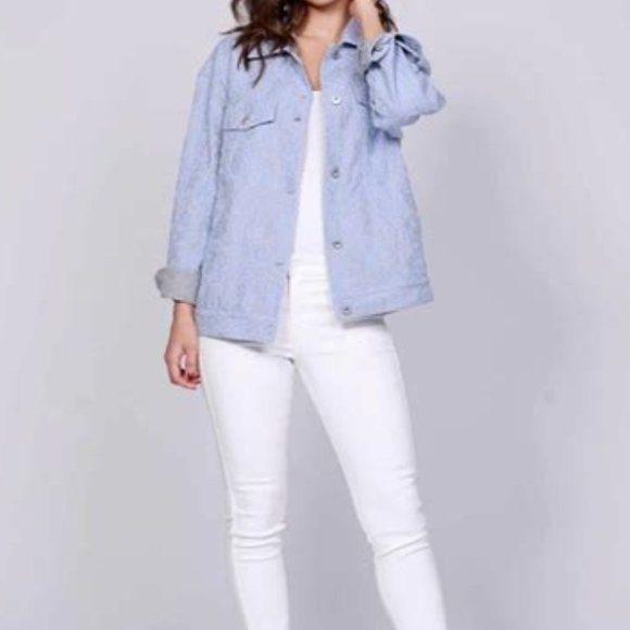 NWT DOLCE CABO Women's Blue Lace Overlay Jersey Lined Jacket Size Medium - Picture 1 of 11